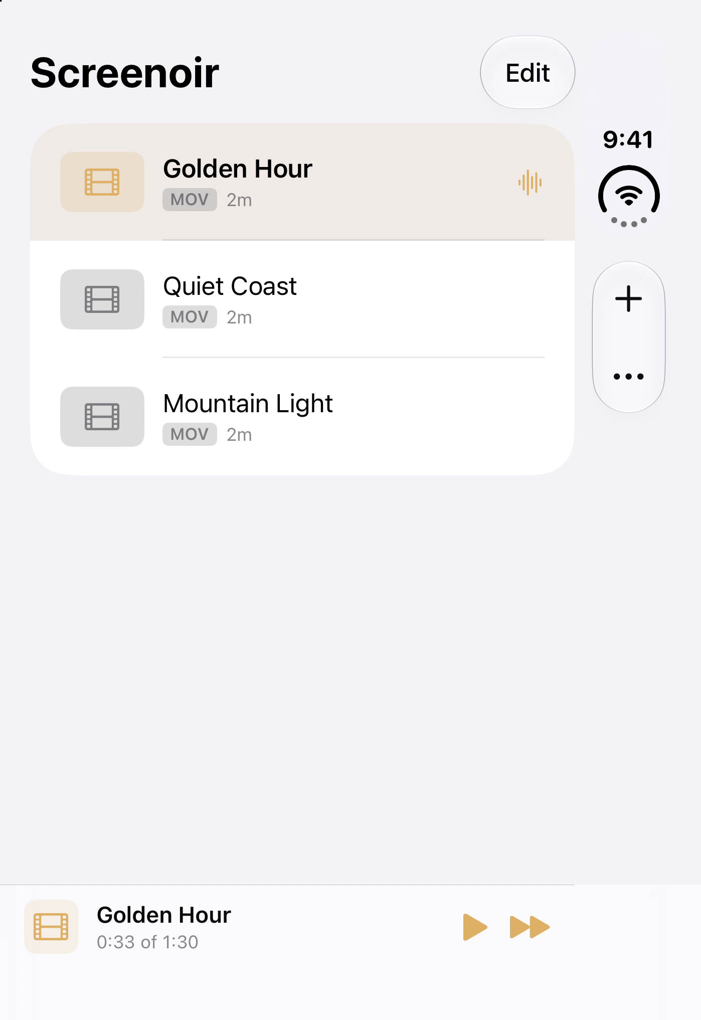 Screenoir playlist showing three original demo videos and a compact playback bar